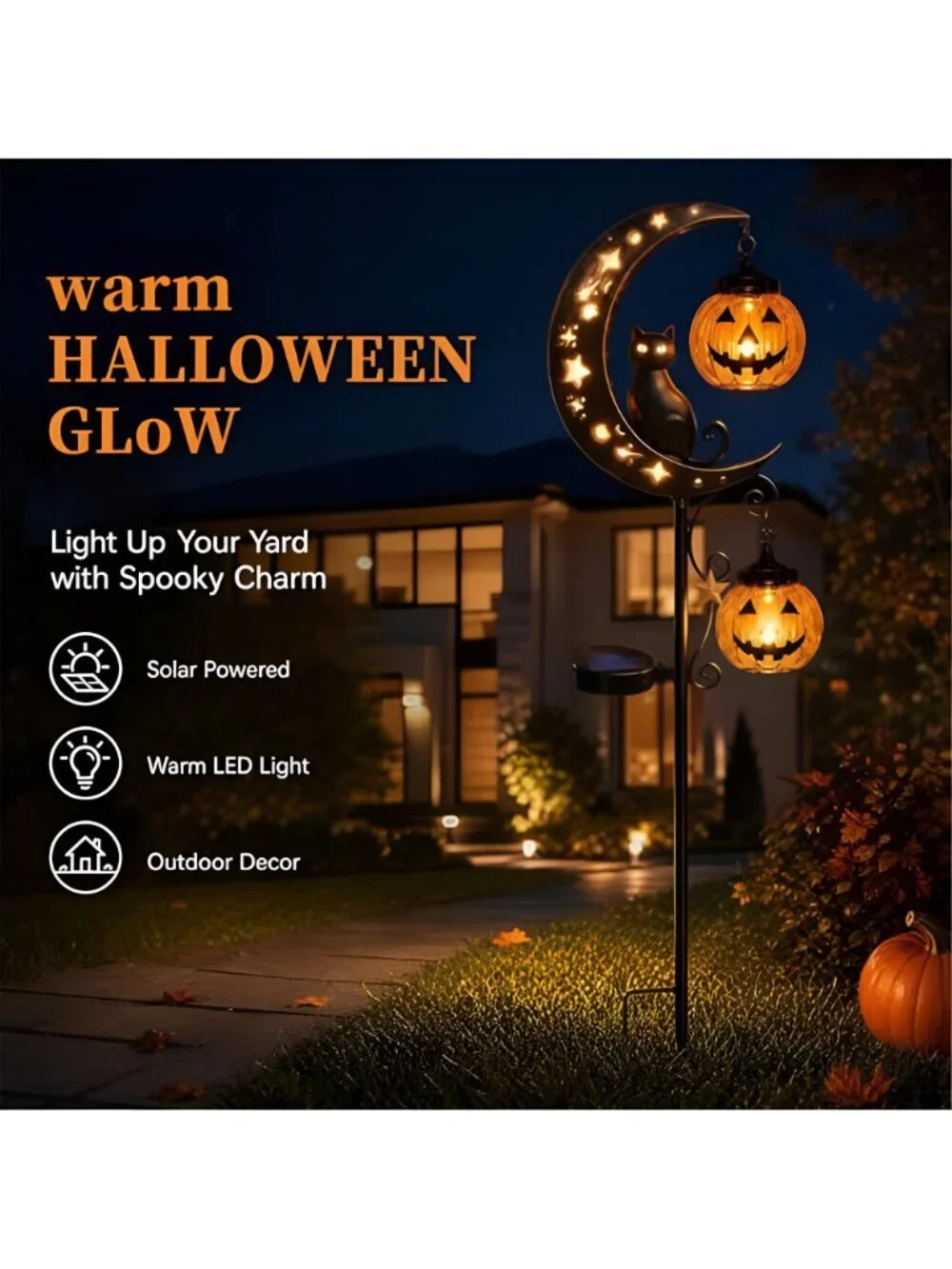 Solar Halloween Black Cat & Pumpkin Moon Garden Stake Light, Jack-o'-Lantern